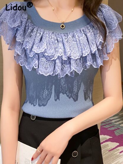 elegant lace - round neck sleeveless shirt - blue 1