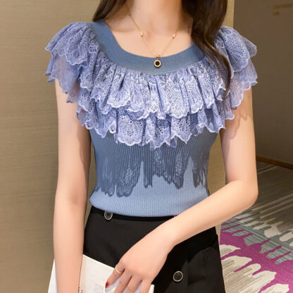 elegant lace - round neck sleeveless shirt - blue 2