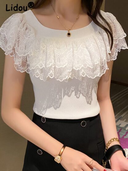 elegant lace - round neck sleeveless shirt - white 1