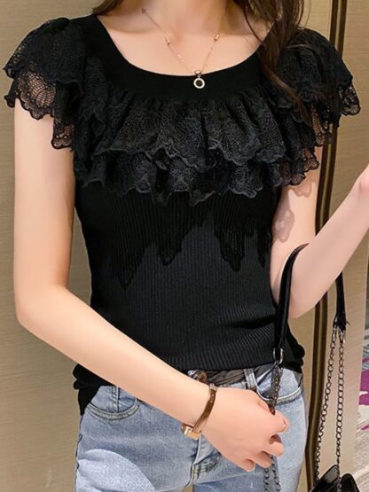 elegant lace - round neck sleeveless shirt - black 1